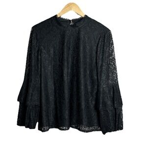 Laundry By Shelli Segal Womens Large Black Lace Blouse Long Sleeve Pullover NWOT